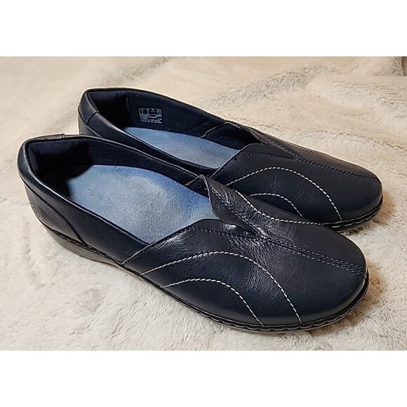 Clarks Womens Shoes Loafer Comfort Insole Slip Ons Wedge Leather Cora Navy 10 M‎ - Picture 1 of 6